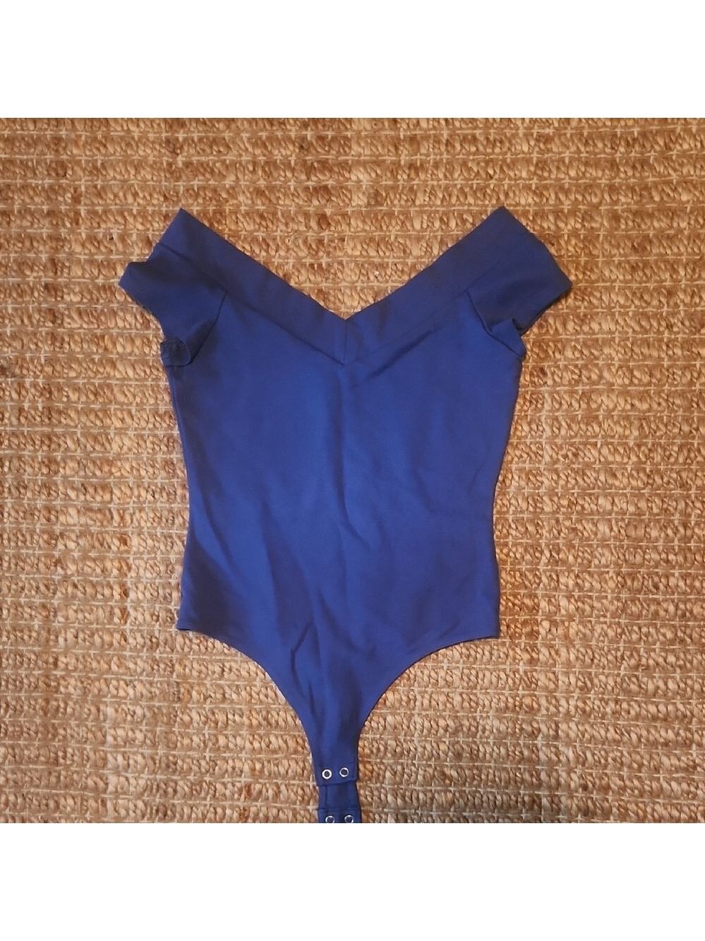 Colbalt Blue Deep V Off Shoulder Fitted SS Slimming Bodysuit W/ Snaps XS